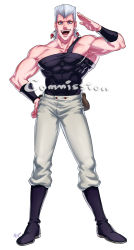 Rule 34 | 1boy, abs, anzumame, black footwear, blue eyes, boots, earrings, flattop, full body, hand on own hip, highres, jean pierre polnareff, jewelry, jojo no kimyou na bouken, male focus, muscular, open mouth, pouch, salute, signature, silver hair, smile, solo, watermark, wristband