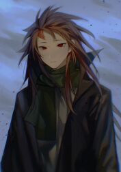 Rule 34 | 1boy, absurdres, black jacket, brown hair, chinese commentary, commentary request, green scarf, grey sweater, harada minoru, highres, jacket, kyoko (akakikyoko), long hair, looking at viewer, male focus, open clothes, open jacket, parted lips, red eyes, ribbed sweater, saibou shinkyoku, scar, scar on face, scar on forehead, scarf, solo, sweater, upper body