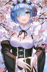 Rule 34 | 1girl, :d, absurdres, black ribbon, blue eyes, blue hair, blush, breasts, cherry blossoms, cleavage, commentary request, day, detached sleeves, dress, fingers together, frilled sleeves, frills, hair ornament, hair over one eye, hair ribbon, highres, long sleeves, looking at viewer, maid, maid headdress, medium breasts, open mouth, petals, pink ribbon, re:zero kara hajimeru isekai seikatsu, rem (re:zero), ribbon, ribbon trim, roswaal mansion maid uniform, short hair, smile, solo, upper body, werlt, x hair ornament