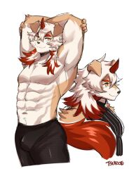 Rule 34 | 1boy, abs, animal ears, arknights, arms behind head, artist name, bara, black pants, black shirt, commentary, english commentary, from side, furry, furry male, highres, horns, hung (arknights), looking at viewer, looking to the side, male focus, multicolored hair, multiple views, muscular, muscular male, mythological creature, pants, pectorals, shirt, single horn, sleeveless, sleeveless turtleneck, tail, topless male, tsuroe, turtleneck, white background