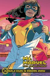 Rule 34 | 1girl, absurdres, amy reeder, black bodysuit, blue shirt, bodysuit, breasts, brown eyes, brown hair, character name, city, comic cover, commentary, cover, cover page, dark-skinned female, dark skin, english commentary, english text, floating hair, highres, kamala khan, logo, long hair, looking up, marvel, mask, medium breasts, ms. marvel, ocean, official art, second-party source, shirt, signature, smile, solo, sunset, superhero costume, superman exposure, water, x-men