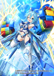 Rule 34 | 1girl, ;d, ahoge, armpits, blue background, blue eyes, blue hair, blue theme, blue thighhighs, blush, boots, breasts, clenched hands, clothing cutout, dot nose, elbow gloves, full body, gloves, hair between eyes, highres, leotard, looking at viewer, medium breasts, medium hair, navel cutout, official art, one eye closed, open mouth, sakofu, smile, solo, technetium (z/x), thigh boots, thighhighs, white footwear, white leotard, z/x