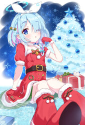 Rule 34 | 1girl, arona (blue archive), belt, blue archive, blue hair, blush, boots, brown belt, christmas present, christmas tree, colored inner hair, dress, fur-trimmed boots, fur-trimmed dress, fur-trimmed gloves, fur trim, gift, gloves, headband, highres, looking at viewer, mikumiku37, multicolored hair, one eye closed, open mouth, pink hair, red dress, red footwear, red gloves, revision, santa boots, santa dress, santa gloves, short hair, white headband