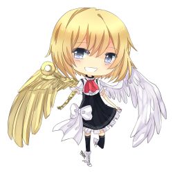 Rule 34 | 1girl, :d, angel, angel wings, ascot, asymmetrical wings, blonde hair, blue eyes, boots, borrowed character, cassie (acerailgun), chibi, cyborg, dress, feathered wings, full body, mechanical arms, mechanical wings, open mouth, original, shoes, shouu-kun, signature, single mechanical arm, smile, solo, thighhighs, transparent background, winged footwear, wings