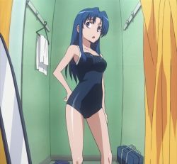 Rule 34 | 1girl, blue eyes, breasts, dressing room, hand on own hip, kawashima ami, large breasts, legs, long hair, mirror, one-piece swimsuit, open mouth, purple eyes, screencap, solo, stitched, swimsuit, thighs, third-party edit, toradora!