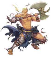 Rule 34 | 1boy, abs, axe, blonde hair, bracelet, dark skin, dark-skinned male, facial tattoo, feathers, fire emblem, fire emblem: the blazing blade, fire emblem heroes, full body, gloves, haccan, hawkeye (fire emblem), highres, holding, holding weapon, injury, jewelry, long hair, low ponytail, male focus, manly, necklace, nintendo, official art, orange eyes, pectorals, sandals, scar, topless male, solo, tattoo, transparent background, weapon