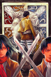 Rule 34 | 1girl, 2boys, blade, crossed swords, eren yeager, from behind, highres, holding, holding sword, holding weapon, levi (shingeki no kyojin), looking at viewer, mikasa ackerman, military, military uniform, multiple boys, pants, shingeki no kyojin, short hair, sword, three-dimensional maneuver gear, tsuyomaru, uniform, weapon