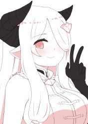 Rule 34 | 1girl, bare shoulders, blush, breasts, closed mouth, curled horns, draph, dress, elbow gloves, gloves, granblue fantasy, hair ornament, hair over one eye, hand up, highres, horns, i.u.y, large breasts, looking at viewer, monochrome, narmaya (granblue fantasy), simple background, sleeveless, sleeveless dress, smile, solo, upper body, white background