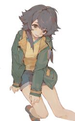 Rule 34 | 1other, androgynous, arm support, baifeidaiwang, blue shorts, coat, green coat, grey eyes, grey hair, hand on own thigh, highres, long hair, looking at viewer, open clothes, open coat, original, parted lips, shirt, short shorts, shorts, simple background, sitting, solo, white background, yellow shirt