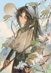 Rule 34 | 1boy, ahoge, alternate hair length, alternate hairstyle, black hair, chinese clothes, closed mouth, expressionless, facial mark, forehead mark, genshin impact, green hair, highres, holding, holding polearm, holding weapon, leaf, long hair, long sleeves, looking at viewer, male focus, mask, unworn mask, multicolored hair, pants, persimmon (lsxh3), polearm, purple pants, shirt, solo, streaked hair, very long hair, weapon, white shirt, xiao (genshin impact), yellow eyes