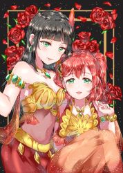 Rule 34 | 2girls, arabian clothes, armlet, bad id, bad pixiv id, black hair, bracelet, choker, clenched hand, earrings, flower, gem, green eyes, green gemstone, hair ornament, highres, inferno phoenix, jewelry, kaisou (0731waka), kurosawa dia, kurosawa ruby, long hair, looking at viewer, love live!, love live! school idol festival, love live! sunshine!!, metal bikini, midriff, mole, mole under mouth, multiple girls, navel, necklace, parted lips, red flower, red hair, red rose, red skirt, rose, siblings, sisters, skirt, two side up