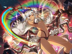 Rule 34 | altera (fate), altera (fate) (cosplay), armpits, bird, block (object), body markings, breasts, cosplay, crossover, crow, dark-skinned female, dark skin, energy sword, evil grin, evil smile, fate/grand order, fate (series), grin, highres, large breasts, lens flare, looking at viewer, nail polish, night, night sky, official art, rainbow, revealing clothes, senran kagura, senran kagura new link, sky, smile, solo, solo focus, star (sky), starry sky, sword, veil, weapon, white hair, yuuyaki (senran kagura)