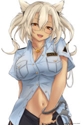 Rule 34 | 1girl, alternate costume, black pants, blue shirt, blush, breasts, cuffs, dark-skinned female, dark skin, glasses, gloves, hair between eyes, handcuffs, highres, jewelry, kantai collection, large breasts, long hair, looking at viewer, musashi (kancolle), navel, necklace, one-hour drawing challenge, open mouth, pants, platinum blonde hair, police, police uniform, policewoman, red eyes, shirt, short hair with long locks, short sleeves, simple background, smile, solo, timato, uniform, white background