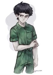 Rule 34 | 1boy, averting eyes, black hair, breast pocket, brown eyes, closed mouth, commentary, cropped legs, english commentary, fear &amp; hunger, fear &amp; hunger 2: termina, green jumpsuit, highres, holding own arm, jumpsuit, kingjoshua, levi (fear &amp; hunger), pocket, short hair, solo, standing, twitter username, two-tone background, white background