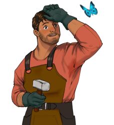 Rule 34 | 1boy, arm on own head, bara, beard stubble, belt, blacksmith, blush, brown hair, brown overalls, bug, butterfly, connected beard, coral island, cowboy shot, dark-skinned male, dark skin, facial hair, gloves, hammer, highres, holding, holding hammer, insect, is this a pigeon (meme), male focus, mature male, meme, mustache stubble, overalls, rafael (coral island), shirt, short hair, smile, solo, stubble, sweat, sweaty clothes, t-shirt, thick arm hair, thick eyebrows, thom sketching, white background