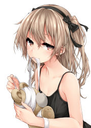 Rule 34 | 1girl, bandages, bare shoulders, black bow, black hairband, boko (girls und panzer), bow, breasts, brown eyes, brown hair, camisole, cleavage, collarbone, commentary request, fingernails, girls und panzer, hair bow, hairband, harino646, highres, holding, holding stuffed toy, long hair, looking at viewer, mouth hold, one side up, shimada arisu, simple background, small breasts, solo, stuffed animal, stuffed toy, teddy bear, upper body, white background