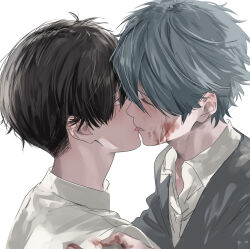 Rule 34 | 2boys, black hair, blood, blood on face, blood on hands, blush, cardigan, closed eyes, collared shirt, commentary request, from side, green eyes, grey cardigan, grey hair, hair between eyes, highres, kiss, looking at another, male focus, multiple boys, original, profile, shirt, short hair, sketch, swept bangs, white background, white shirt, wind in624, yaoi