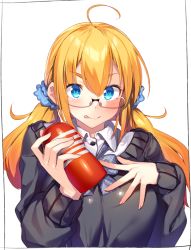 Rule 34 | 1girl, :p, ahoge, artificial vagina, black sweater, blue bow, blue eyes, blue scrunchie, blush, bow, breasts, closed mouth, collared shirt, dress shirt, glasses, hair between eyes, hair ornament, hair scrunchie, hands up, highres, holding, kei (soundcross), long hair, long sleeves, low twintails, medium breasts, orange hair, original, plaid, plaid bow, scrunchie, sex toy, shirt, simple background, smile, solo, sweater, tongue, tongue out, twintails, upper body, v-shaped eyebrows, white background, white shirt