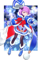 Rule 34 | 1girl, absurdres, ankh, badge, beanie, black pantyhose, blue coat, blue dress, blue footwear, blue gloves, blue hat, blurry, blurry background, boots, bow, breasts, coat, dress, earrings, fate/grand order, fate/grand order arcade, fate (series), full body, fur-trimmed coat, fur-trimmed dress, fur trim, gloves, grin, hat, helena blavatsky (christmas) (fate), helena blavatsky (fate), highres, jewelry, large bow, long sleeves, looking at viewer, one eye closed, oniku (pixiv 28205308), outstretched arm, pantyhose, purple eyes, purple hair, red bow, sack, short hair, small breasts, smile, snowflakes, solo, unworn headwear