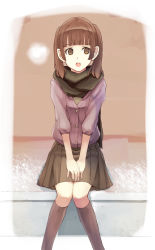 Rule 34 | 1girl, brown eyes, brown hair, open mouth, original, scarf, short hair, sitting, skirt, solo, toshiya, v arms