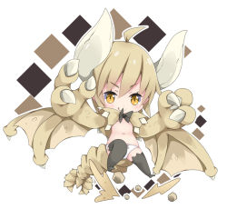 Rule 34 | 1girl, :q, ahoge, black bow, black thighhighs, blush, bow, bow panties, breasts, brown wings, chibi, claws, closed mouth, commentary request, curled horns, diablos, hair between eyes, horns, light brown hair, long hair, looking at viewer, milkpanda, monster hunter (series), navel, no shoes, orange hair, panties, personification, small breasts, smile, solo, stone, tail, thighhighs, tongue, tongue out, underwear, white panties, winged arms, wings