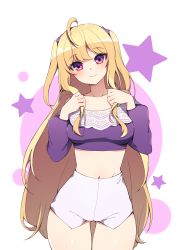 Rule 34 | 1girl, absurdres, ahoge, blonde hair, breasts, commission, cowboy shot, crop top, hands up, high-waist shorts, highres, holding, holding own hair, long hair, long sleeves, looking at viewer, medium breasts, midriff, navel, off-shoulder shirt, off shoulder, original, pink eyes, purple shirt, shirt, short shorts, shorts, smile, solo, standing, thigh gap, thighs, two side up, ugwa, very long hair, white shorts