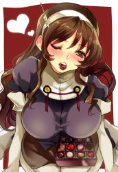 Rule 34 | 10s, 1girl, akane0012, akane (akane0012), ashigara (kancolle), bad id, bad pixiv id, blush, box, breasts, brown eyes, brown hair, chocolate, elbow gloves, gloves, hair ornament, hairband, heart, kantai collection, large breasts, long hair, open mouth, pantyhose, personification, skirt, valentine, white pantyhose