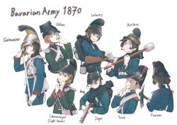 Rule 34 | 1870, 6+girls, absurdres, ammunition, ammunition pouch, armor, backpack, bag, bavaria, belt, black belt, blonde hair, blue eyes, blue jacket, braid, brown hair, buttons, canteen, cartridge, cavalry sword, chin strap, cigarette, closed mouth, commentary, cropped torso, cuirass, cuirassier, dreyse m1841, english text, german text, green jacket, gun, hair between eyes, hand up, hat, hat ornament, helmet, highres, holding, holding cigarette, holding gun, holding sheath, holding sword, holding weapon, jacket, karasumi (sumizono), load bearing equipment, long hair, long sleeves, looking at viewer, low twin braids, magazine (weapon), magazine ejection, military, military hat, military jacket, military uniform, multiple girls, open mouth, original, pants, pickaxe, plume, pouch, ramrod, reloading, rifle cartridge, scabbard, sheath, sheathed, short hair, shoulder boards, simple background, smoking, soldier, sword, twin braids, uhlan, uniform, upper body, weapon, white background, white belt