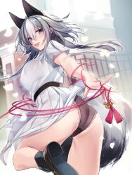 Rule 34 | 1girl, belt, black panties, blue eyes, blush, bow, breasts, clothes lift, dress, extra ears, fox girl, grey hair, highres, large breasts, long hair, looking at viewer, open mouth, original, outdoors, panties, petals, see-through, skirt, skirt lift, smile, solo, tail, underwear, white dress, yukibuster z