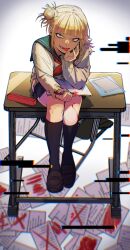 Rule 34 | 1girl, black skirt, black socks, blonde hair, blood, blood on face, blue sailor collar, boku no hero academia, boxcutter, brown footwear, cardigan, desk, hair bun, highres, holding, holding boxcutter, kneehighs, looking at viewer, neckerchief, nishino (fetv8484), notebook, on desk, paper, red neckerchief, sailor collar, school desk, single hair bun, sitting, skirt, slit pupils, socks, solo, toga himiko, tongue, tongue out, yellow cardigan, yellow eyes