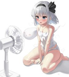 Rule 34 | 1girl, absurdres, arm support, bare shoulders, barefoot, between legs, black bow, black hairband, black ribbon, blue eyes, blush, bob cut, bow, breasts, camisole, cleavage, commentary, electric fan, fan speaking, fanning self, full body, ghost, hair bow, hair ribbon, hairband, hand between legs, highres, hot, konpaku youmu, konpaku youmu (ghost), midriff, no bra, no pants, on floor, open mouth, own hands together, panties, ribbon, seiza, shadow, short hair, simple background, sitting, small breasts, solo, steam, steaming body, sweat, touhou, underwear, underwear only, v arms, very sweaty, white background, white camisole, white hair, white panties, youmu-kun