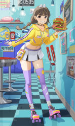 Rule 34 | 1girl, belt, bow, breasts, brown eyes, brown hair, burger, chair, checkered floor, choker, crop top, drawstring, earrings, food, grin, hair bow, highres, hood, hood down, hoodie, icchiramen, indoors, jewelry, ketchup bottle, light bulb, long hair, long sleeves, looking at viewer, low twintails, medium breasts, midriff, miniskirt, multicolored hair, multiple rings, navel, original, phone, picture frame, purple thighhighs, ring, roller skates, shoes, skates, skindentation, skirt, smile, solo, stomach, stool, streaked hair, thighhighs, tray, twintails, waitress, white skirt, yellow hoodie, zettai ryouiki