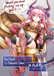 Rule 34 | :d, armlet, armored boots, black gloves, black thighhighs, blue eyes, blush, boots, box, character name, collarbone, curled horns, dated, dragon girl, dragon horns, dragon tail, elbow gloves, elizabeth bathory (fate), english text, fang, fate/grand order, fate (series), gem, gloves, gradient background, grey background, highres, holding, holding sign, horns, in box, in container, knee boots, long hair, looking at viewer, lying, nude, on back, open mouth, pink hair, planted, planted sword, planted weapon, pointy ears, red footwear, shield, sign, signature, smile, solo, straight hair, sword, tail, thighhighs, tiara, treasure chest, two-handed, vambraces, very long hair, weapon, ydzz (zhouziteng)
