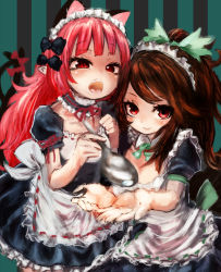 Rule 34 | 2girls, alternate costume, alternate hairstyle, animal ears, apron, blush, bow, brown hair, cat ears, cat girl, cat tail, enmaided, female focus, gobou, gobou (gbu), hair bow, kaenbyou rin, long hair, looking at viewer, maid, maid apron, maid headdress, multiple girls, open mouth, pointy ears, ponytail, red eyes, red hair, reiuji utsuho, sketch, smile, spoon, tail, tail bow, tail ornament, touhou