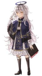 Rule 34 | 1girl, arm at side, arm up, bad id, bad pixiv id, bandaged hand, bandages, bandaid, bandaid on face, black footwear, black socks, blue capelet, blue skirt, book, capelet, center frills, closed mouth, commentary request, frills, full body, hair between eyes, halo, high-waist skirt, high heels, holding, holding book, kim eb, kneehighs, long hair, long sleeves, looking at viewer, original, shirt, shoes, silver hair, simple background, skirt, socks, solo, standing, very long hair, white background, white shirt, yellow eyes