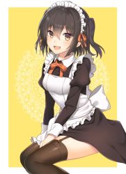 Rule 34 | 1girl, alternate costume, apron, black hair, black thighhighs, blush, breasts, brown eyes, frilled apron, frills, garter straps, hair between eyes, highres, kantai collection, long sleeves, maid, maid headdress, medium breasts, open mouth, red neckwear, red ribbon, ribbon, sendai (kancolle), sitting, smile, solo, thighhighs, two side up, white apron, yuzuttan