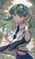Rule 34 | 1girl, bare shoulders, black hairband, blue skirt, breasts, collared shirt, commentary, dappled sunlight, detached sleeves, floating hair, frog hair ornament, green eyes, green hair, hair ornament, hairband, harapan-kun, highres, holding, holding hair, kochiya sanae, long hair, looking at viewer, midriff, navel, outdoors, parted bangs, pavement, pleated skirt, shirt, skirt, small breasts, snake hair ornament, solo, sunlight, touhou, unworn hair ornament, upper body, white shirt, wide sleeves