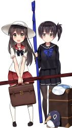 Rule 34 | 10s, 2girls, :d, aged down, akagi (kancolle), alternate costume, arm at side, bag, black bow, black footwear, black hair, black legwear, black serafuku, black shirt, black skirt, blouse, blue bow, bow, briefcase, brown eyes, brown hair, dot nose, expressionless, failure penguin, full body, hat, highres, holding, kaga (kancolle), kantai collection, kuro chairo no neko, legs apart, loafers, long hair, long sleeves, looking at viewer, luggage, multiple girls, open mouth, pantyhose, pillow, pleated skirt, red skirt, school bag, school briefcase, school uniform, serafuku, shirt, shoes, short hair, short sleeves, side ponytail, simple background, skirt, smile, standing, stuffed animal, stuffed penguin, stuffed toy, suitcase, sun hat, v arms, weapon bag, white background, white hat, white shirt, yellow eyes