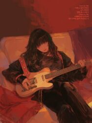 Rule 34 | 1girl, 96yottea, absurdres, black hair, chain, closed mouth, electric guitar, fender telecaster, guitar, highres, holding, holding guitar, holding instrument, instrument, jewelry, looking to the side, multiple rings, nail polish, original, ring, sitting, solo