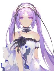 Rule 34 | 1girl, arm strap, black flower, black ribbon, black rose, choker, collarbone, dress, euryale (fate), fate/hollow ataraxia, fate (series), floating hair, flower, hairband, lolita hairband, long hair, looking at viewer, purple eyes, purple hair, ribbon, rose, saihate (d3), simple background, smile, solo, twintails, upper body, very long hair, white background, white dress