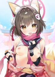 Rule 34 | 1girl, :d, animal ears, black gloves, black scarf, blue archive, blue sky, blush, breasts, breasts out, brown eyes, brown hair, clothes lift, cloud, day, ekakibito, elbow gloves, fingerless gloves, floral print, fox ears, fox mask, gloves, hair ornament, highres, izuna (blue archive), japanese clothes, looking at viewer, mask, medium breasts, nipples, open mouth, pink scarf, sailor collar, scarf, shirt lift, short hair, sky, small breasts, smile, solo, white scarf