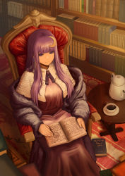 Rule 34 | 1girl, absurdres, alternate costume, blunt bangs, book, bookshelf, breasts, capelet, carpet, chair, closed mouth, crescent, crescent hair ornament, cup, dress, dryseaweed, expressionless, from above, hair ornament, highres, indoors, korean commentary, large breasts, long hair, patchouli knowledge, purple dress, purple eyes, purple hair, reading, saucer, sidelocks, sitting, solo, table, tea, teacup, teapot, touhou