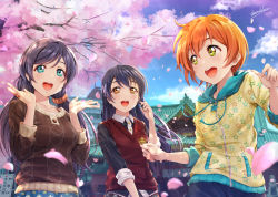 Rule 34 | 10s, 3girls, artist name, blue hair, cherry blossoms, commentary request, green eyes, hair between eyes, highres, hoshizora rin, lily white (love live!), long hair, looking at another, love live!, love live! school idol project, low twintails, multiple girls, open mouth, orange hair, purple hair, scrunchie, shamakho, short hair, shrine, signature, sonoda umi, standing, tojo nozomi, twintails, yellow eyes
