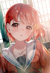 Rule 34 | 1girl, almic, black neckerchief, blouse, blush, breasts, collarbone, dutch angle, highres, looking at viewer, neckerchief, open mouth, original, outdoors, red eyes, red hair, red shirt, sailor collar, school uniform, serafuku, shirt, short hair, signature, small breasts, solo, tearing up, upper body, white sailor collar