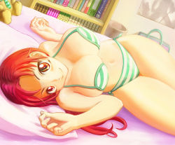 Rule 34 | 1girl, bed, bikini, book, breasts, hhh (wave), large breasts, long hair, lying, navel, on back, original, red eyes, red hair, smile, solo, striped bikini, striped clothes, swimsuit