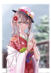 Rule 34 | 1girl, aqua eyes, ar-57 (girls&#039; frontline), ar-57 (with the three friends of winter) (girls&#039; frontline), blonde hair, blush, closed mouth, flower, girls&#039; frontline, hair flower, hair ornament, highres, holding, holding paper, japanese clothes, kimono, lithographica, long hair, looking at viewer, official alternate costume, paper, side ponytail, solo, twitter username, upper body, white headwear