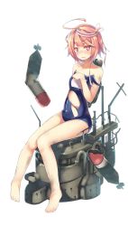 Rule 34 | 10s, 1girl, ahoge, barefoot, cherry blossoms, crop top, damaged, dirty, feet, full body, hair ornament, i-58 (kancolle), kantai collection, official art, old school swimsuit, one-piece swimsuit, petals, pink eyes, pink hair, school swimsuit, school uniform, serafuku, short hair, sitting, solo, swimsuit, syobonne, torn clothes, torn swimsuit, torpedo, transparent background, type 95 torpedo
