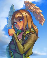 Rule 34 | 1girl, blue eyes, breasts, choker, cleavage, eunie (xenoblade), head wings, highres, hood, issycake, jacket, large breasts, long hair, long sleeves, looking at viewer, open clothes, open jacket, solo, thumbs up, wings, xenoblade chronicles (series), xenoblade chronicles 3