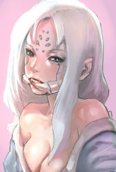 Rule 34 | 1girl, bare shoulders, black sclera, bow (bhp), breasts, cleavage, colored sclera, long hair, mandibles, monster girl, original, solo, white hair