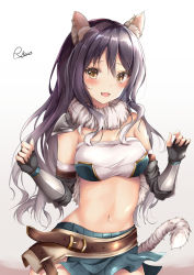 Rule 34 | 1girl, :d, animal ear fluff, animal ears, armor, bandeau, belt, black gloves, black hair, blush, breasts, brown belt, capelet, cleavage, commentary request, cowboy shot, fang, fingerless gloves, fur capelet, gauntlets, gloves, gradient hair, green skirt, groin, hair between eyes, highres, long hair, looking at viewer, medium breasts, midriff, miniskirt, multicolored hair, navel, open mouth, princess connect!, rumiko (rmeco), shiori (princess connect!), shoulder armor, sidelocks, signature, simple background, single bare shoulder, skin fang, skirt, smile, solo, standing, strapless, striped tail, tail, taut clothes, tiger ears, tiger tail, tube top, white background, white hair, yellow eyes